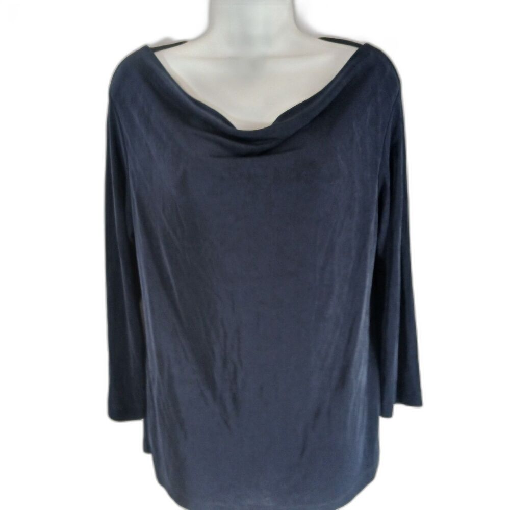 Chico's Travelers top navy blue cowl neck stretch Sz 1 casual travel office wear